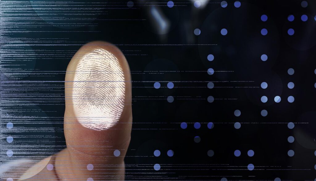 Man Pressing At Fingerprint Scanner On Virtual Screen, Closeup.