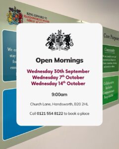 Information card detailing the dates and time for Open Mornings at King Edward VI Handsworth Wood Girls' Academy.
