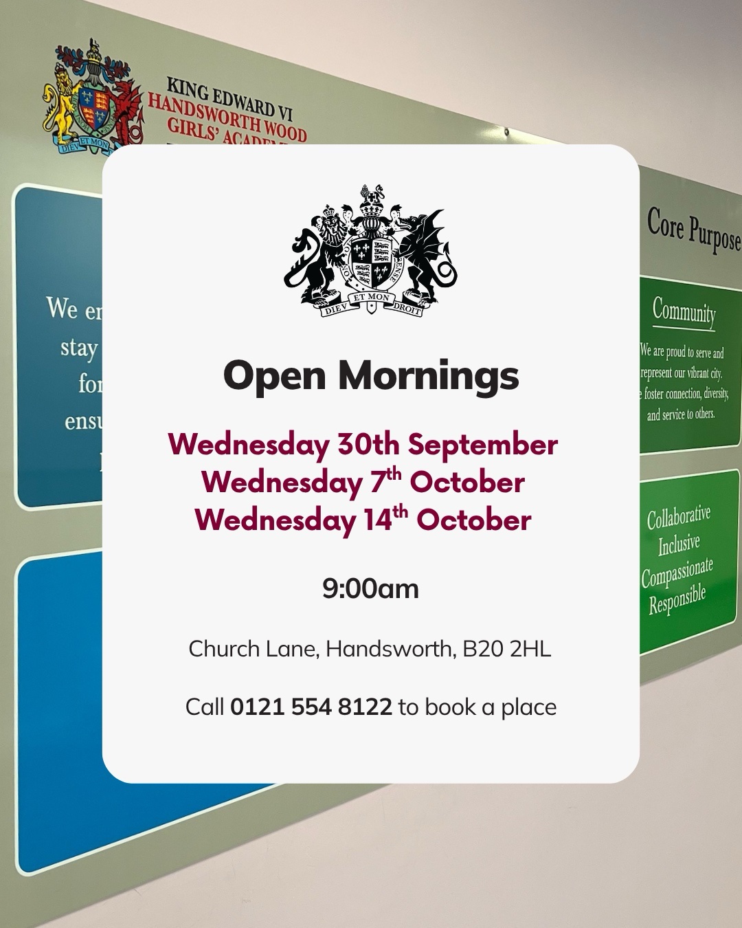 Information card detailing the dates and time for Open Mornings at King Edward VI Handsworth Wood Girls' Academy.