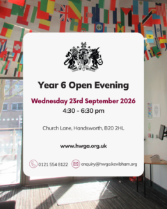 Year 6 Open Evening flyer for 23rd September 2026 at King Edward VI Handsworth Wood Girls' Academy