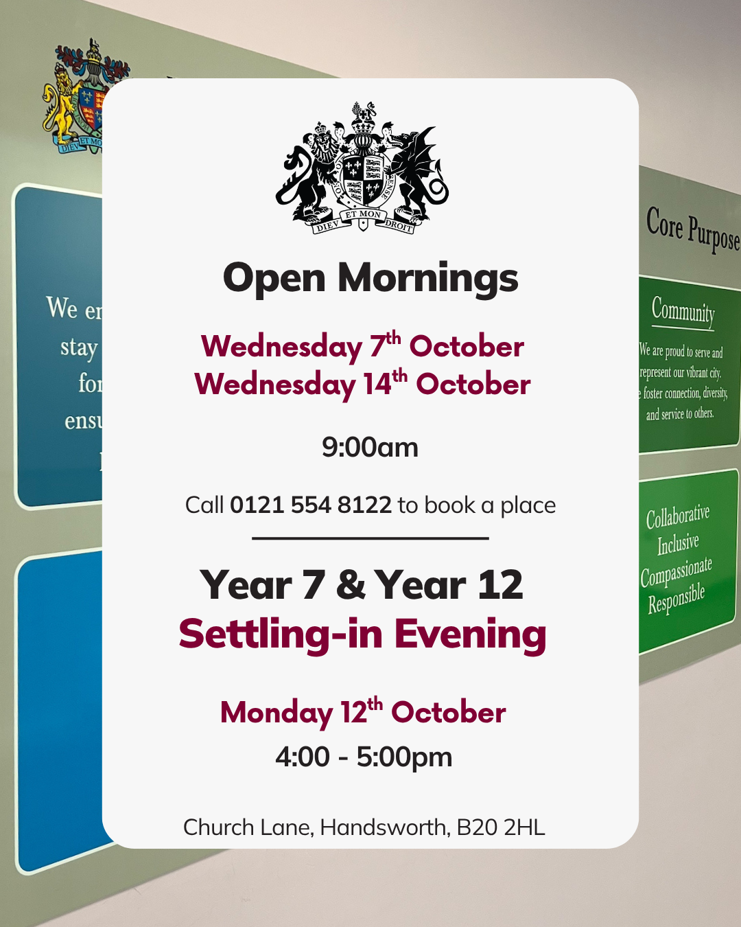 Information card detailing the dates and time for Open Mornings at King Edward VI Handsworth Wood Girls' Academy.